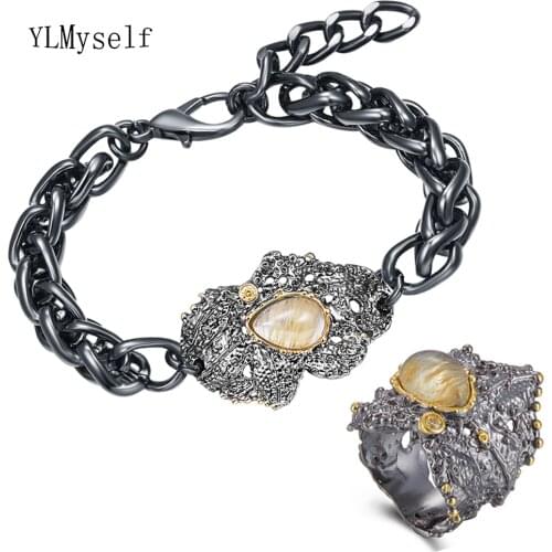 Adjustable Thick Chain Bracelet Ring Sets Big Teardrop Stone Cool 2 pcs Jewelry sets for women