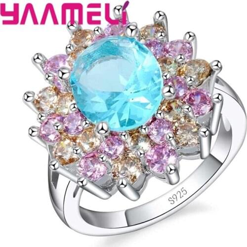 Luxury Flower Promise Rings for Lady Pure 925 Sterling Silver with Big Round CZ Crystal Cubic Zircon Gift Bague Jewelry