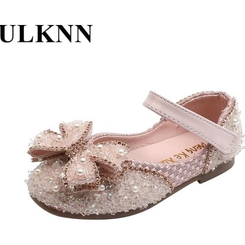 ULKNN Pink Spring Girl Shoes Children White Sandal Girl Wedding With Rhinestone 2021 Princess Bowtie Soft Leather Crystal Shoe