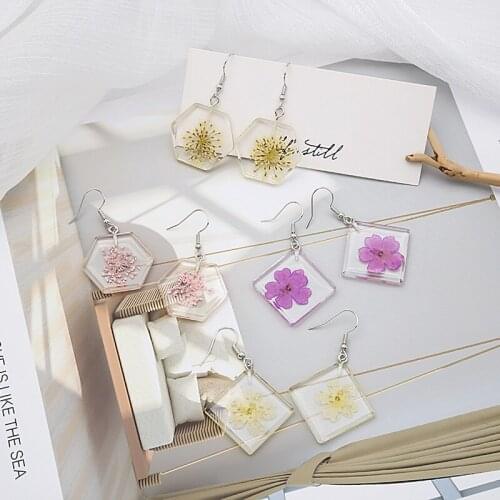 Japan and South Korea Creative Forest Small Fresh Geometric Resin Dried Flower Earrings Wild Fashion Personality Summer Earrings
