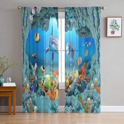 Dolphin Undersea Fish School Coral Voile Curtains for Living Room Window Treatment Sheer Curtains for Bedroom Kitchen Drapes