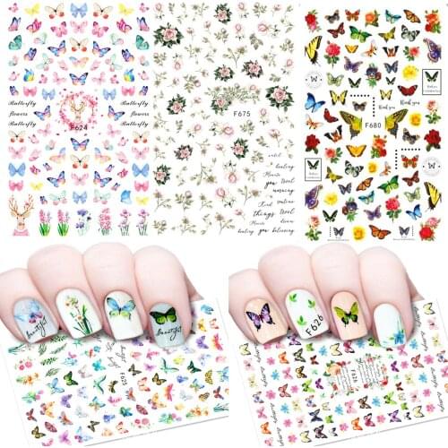 Spring Simple Flowers Butterfly Water Decal Sticker Flower Leaf Tree Summer DIY Slider For Manicuring Nail Art Watermarks