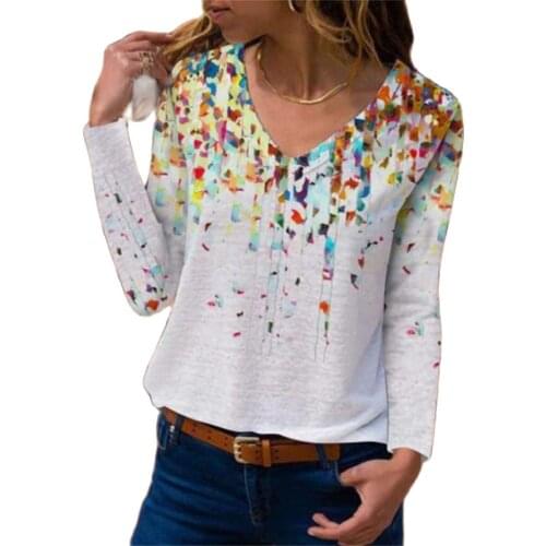 Women Autumn 2021 Casual Loose Splice Printing Long Sleeve T-Shirts Ladies Fashion New Hot Sale V-Neck Tops Pullover T-Shirts