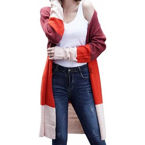 2021 Womens Casual Long Knit Sweater Cardigan Office Lady Large Patchwork Solid Color Loose Coat Casual Female Sweater Cardigans