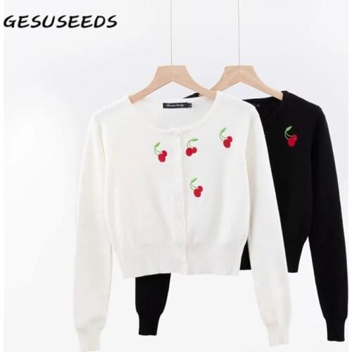 Korean sweater women 2020 knitted cardigan long sleeve vintage sweater cherry embroidered sweater kawaii white cardigan black