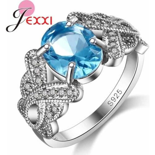 Engagement Wedding Ring Oval Sky Blue Cubic Zirconia Pure 925 Sterling Silver Fashion Jewelry For Sweet Girl Women