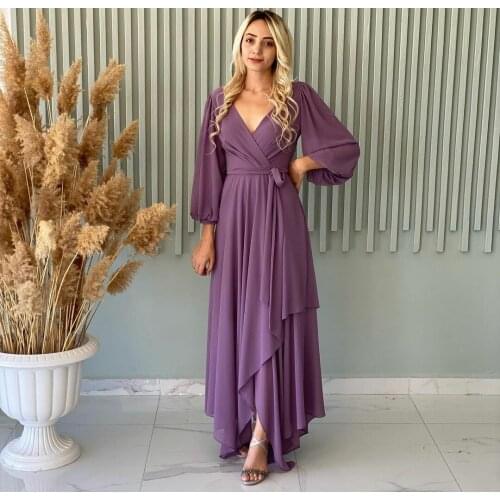 Sexy Long Sleeve Chiffon V-Neck Prom Dresses with Pockets A-Line Zipper Back Floor Length Robe De Soiree Formal Party Gown