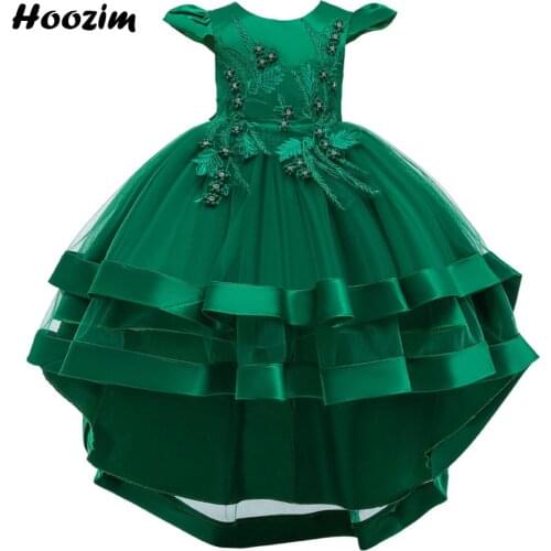Luxury Green Emboridery Leaf Pearl Prom And Evening Dress Girls 4-13 Years Formal Cap Sleeve Tuxedo Wedding Party Dresses Child