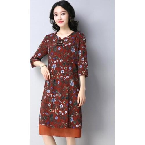 Spring and Autumn new Chiffon Dress Female vintage Large size Print A-Line dress elegant Loose Knee-Length dress women