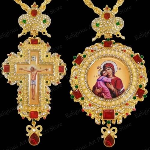 Gold Color Pectoral Cross Orthodox Icon Jesus Virgin Mary Crucifix Pendants Long Necklace Full Rhinestones Religious Jewelry