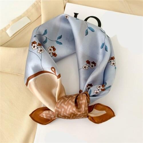 2021 Spring New Pure Silk Scarf Floral Print Women Elegant Small Square Scarves Neck Hairband Foulard Smooth Bandana