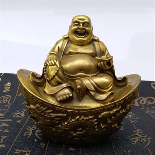 Chino Fengshui latón feliz risa Maitreya Yuanbao Ruyi Bat Buda estatua decoración del hogar artesanía de metal