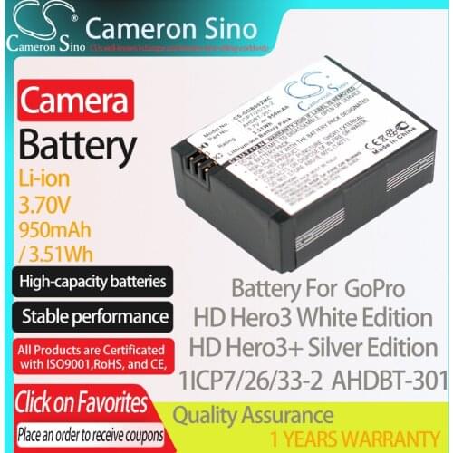 CameronSino Battery for GoPro HD Hero3 White Edition HD Hero3+ Silver Edition Hero 3 Hero 03 fits Rollei RL420B camera battery