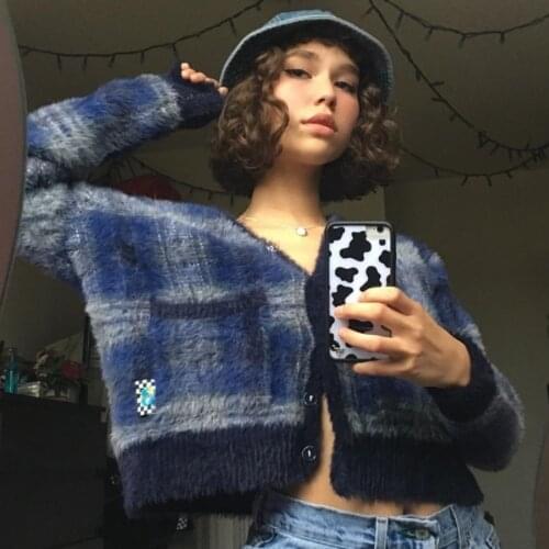 BoozRey Y2k Vintage Women Knitted Cardigans Harajuku Lazy Style Ladies V-Neck Button Fuzzy Plaid Cardigan Fluffy Knitwear Top