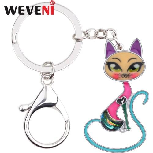 WEVENI Enamel Alloy Rhinestone Kitten Cat Key Chains Keychain Trendy Animal Jewelry For Women Girls Bag Purse Charm Pendant Gift