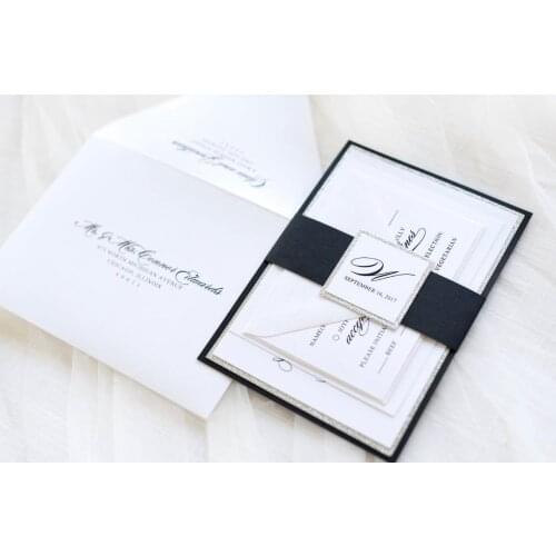 Black, White, Silver Glitter Wedding Invitation and RSVP Card Suite - Elegant, Glam, Formal - The Soliloquy Suite