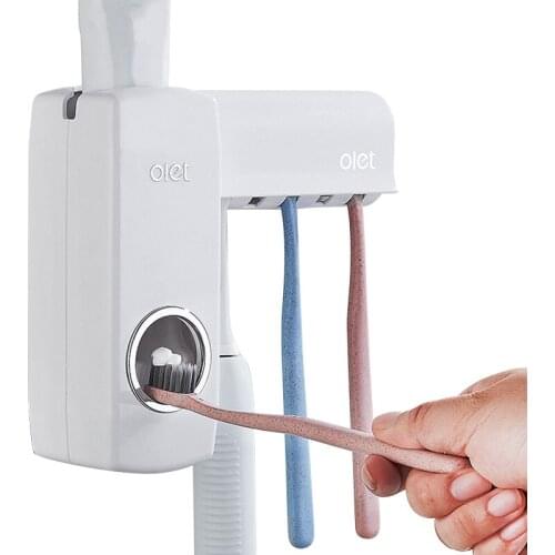 OLET 1 Set Creative Automatic Toothpaste Dispenser with Toothbrush Holder Bathroom Water Resistant Sticky Toothpaste Squeezer