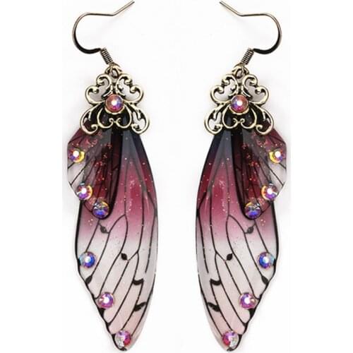 Purple Fairy Wing Earrings Insect Butterfly Wings Cosplay Elf Fantasy Sprite Jewellery Rhinestone Inlaid Wedding Bridal Earrings
