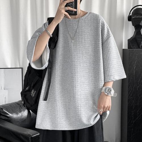 O-neck Solid Color Plaid T-shirt Men Korean Fashion Loose Casual T-shirt Men Harajuku Streetwear Retro Short-sleeved T-shirt Men
