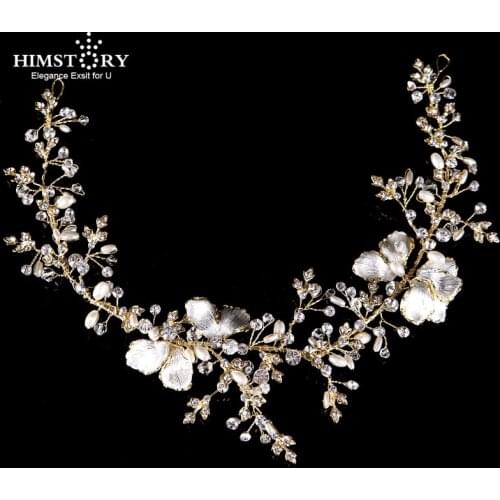 HIMSTORY New Wedding Tiara Bridal Headband Headpiece Leaves Hairband Pearls Rhinestones Bridal Hair Accessories