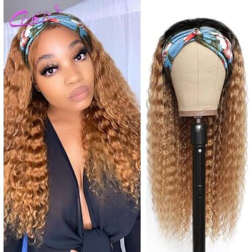 Deep Wave Headband Wig Human Hair 1B27 30 Ombre Curly Human Hair Wig Full Machine Made Wigs For Women Curly Hair Wig With Scarf