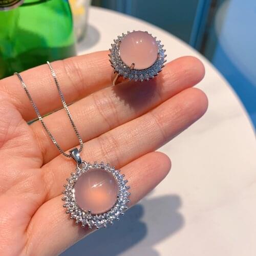 QTT Silver 925 Jewelry Round Cubic Zirconia CZ Jewelry Sets For Women Excellent Pink Pendant Necklace/Rings 14*14