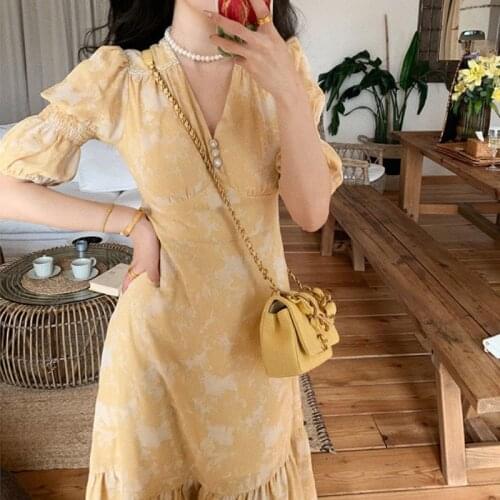 Summer Elegant Print Dress Women Designer V-Neck French Retro Party Midi Dress Fit Chic Short Sleeve Casual Vintage 2021
