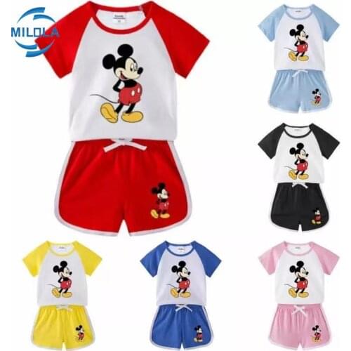 Summer Cartoon Mickey Mouse Kids Boy Clothes Set Tees Top+Shorts Pant 2Pcs Outfits Toddler Baby Girls Sport Suit