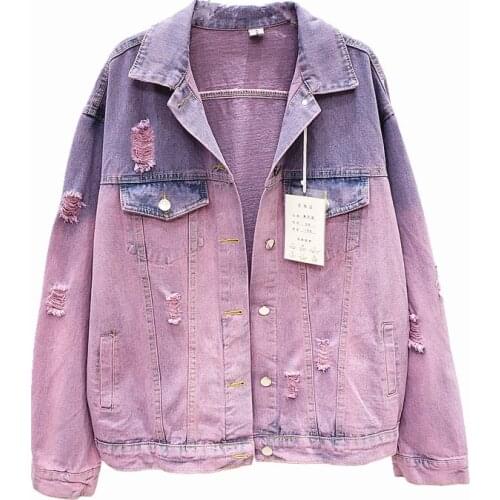 Fashion Hit Color Holes Denim Jacket Women Outerwear Harajuku Loose Long sleeve Washed Jeans Jacket Coat Streetwear Female OK532