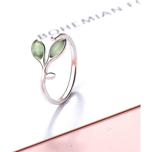 925 Sterling Silver Green Opal Leaves Open Adjustable Couple Rings For Women Creative Fashion Jewelry eh265