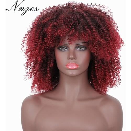 NNZES 14 Inches Synthetic Short Kinky Curly Ombre Red Wig with Bangs for Black Women Heat Resistnat Fiber