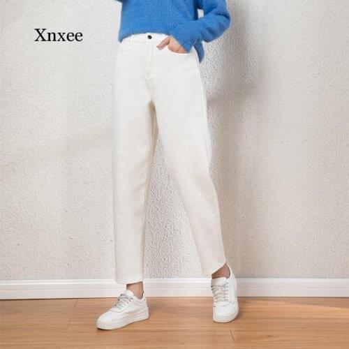 Solid Plus Velvet Jeans Straight Long Pants Womens Autumn Winter New Casual Daily High Waist Thin Harem Trousers Bottoms