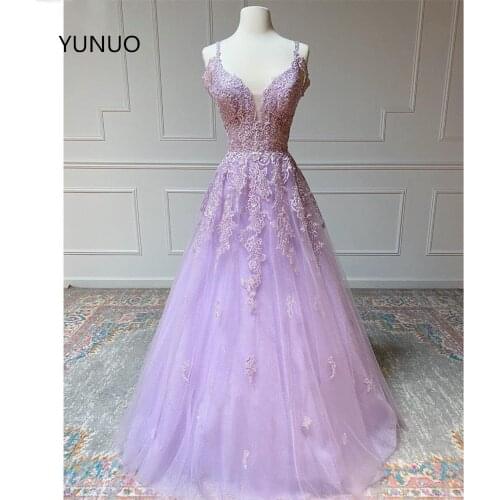 YUNUO Spaghetti Straps Lilac Tulle Prom Dresses A-line Custom Appliques Long Party Formal Gowns Evening Dress Lace-up Back