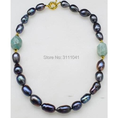Freshwater pearl black baroque and green amazonite necklace 19inch FPPJ wholesale beads nature