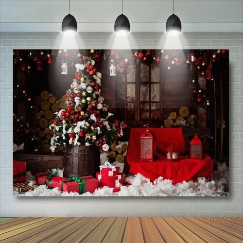 Christmas Tree Gifts Retro photography Backdrop Wood Wall Photo background Bells Background for photo studio