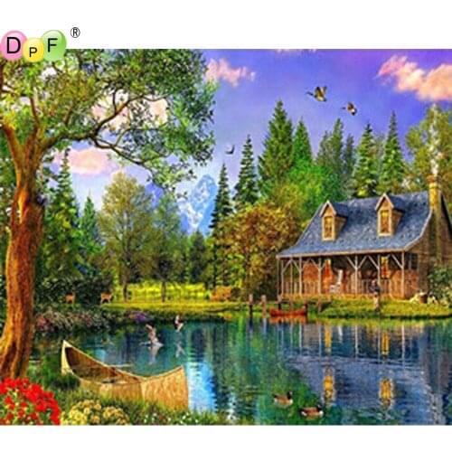 DIY Lakeside cottage full square diamond painting cross stitch needlework diamond embroidery home decor mosaic kits