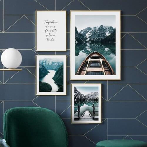 Scandinavian Nature Wooden Boat Lake Mountain Wall Art Print Paper Canvas Painting Nordic Poster Decor Pictures For Living Room