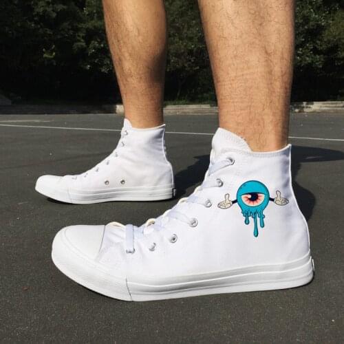 Wen Original Design Lovely Blue Eyeball Doll White Canvas Flats Sneakers Women High Top Black Men Skateboard Shoes Plimsolls