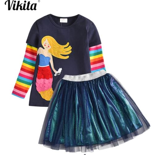 VIKITA Autumn Girls Clothing Sets Kids Elegant Patchwork Cartoon T-Shirt + Sequins Skirt 2PCS Kids Clothes Set Children Clothing