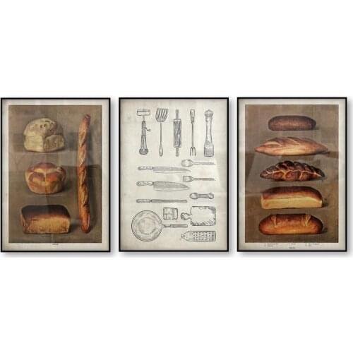 Vintage Bread Food Poster Kitchen Bakery Grocer Baked Bread Loaves Illustration Wall Art French Antique Canvas Print Picture