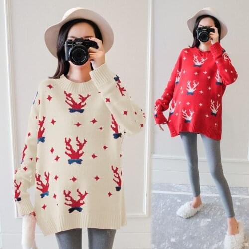 Christmas Print Knitted Maternity Sweaters 2019 Autumn Winter Korean Fashion Pullover Clothes for Pregnant Women Loose Pregnancy