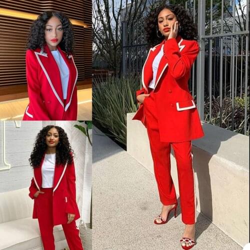 Red & White Women Suits Peaked Lapel Loose Pocket Blazer Pencil Pants Young Girl Fashion Casual Jacket 2 Pieces Set