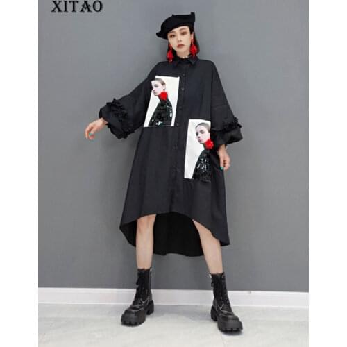 XITAO Asymmetrical Dress Women Casual Tide Fashion New Style Turn Down Collar Sequins Patchwork Single Breasted Elegant WMD1596