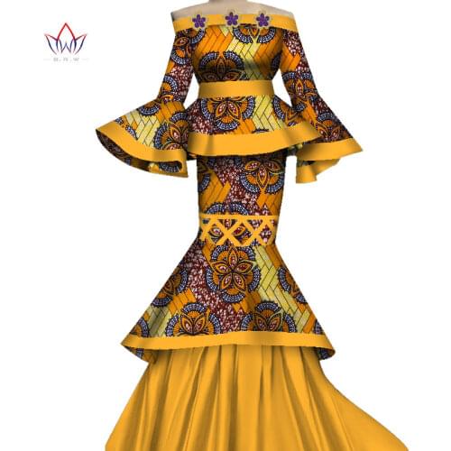 African Women Dress Bazin Riche Wedding Party Flare Long Sleeve Dress Africa Print Bridesmaid Dress African Women Clothes WY6817