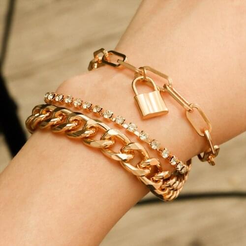 3 Pcst Gold Color Multilayer Fashion Bracelet Set For Women Metal Thunder Link Chain Bracelets Charm Bracelets on Hand Jewelry
