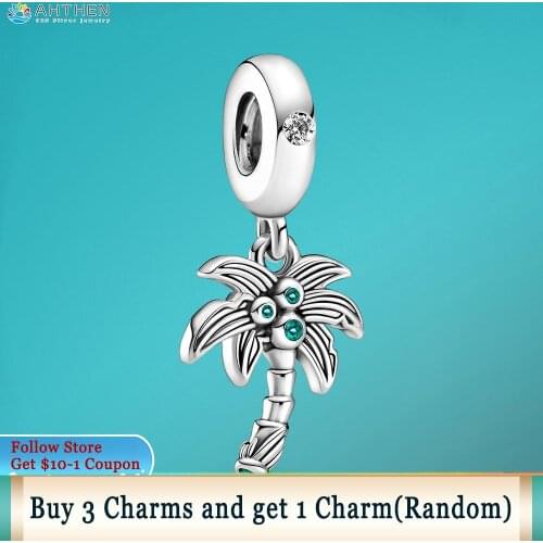 Ahthen 925 Sterling Silver BeadS Palm Tree & Coconuts Dangle Charm fit Original Pandora Bracelets for Women Jewelry Making