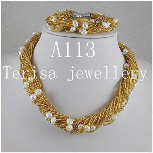 Handmade Genuine Pearl Necklace Bracelet Jewelry Set 7-8mm Baroque Freshwater Pearl 24rows Magnet Clasp Perfect Women Gift A113