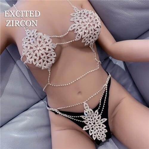 Fashion Luxury Rhinestone Hollow Petal Oval Bra Thong Body Chain Sexy Womens Shining Crystal Bikini Nightclub Jewelry Set