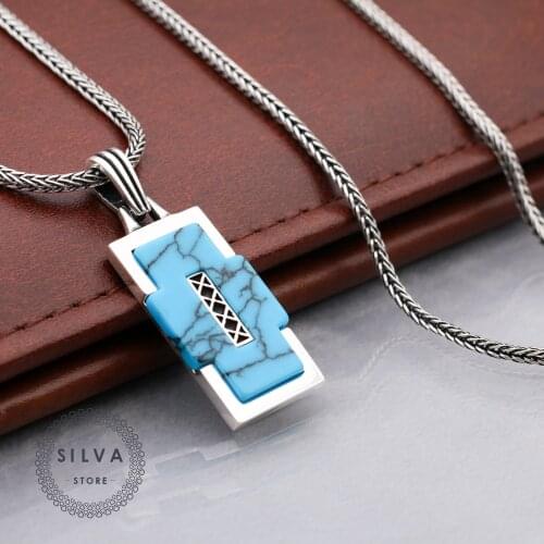 Silva Original 925 Sterling Silver Turquoise Pendant Necklace for Men S925 silver fashion Jewelry Gift Mens Cable Chains