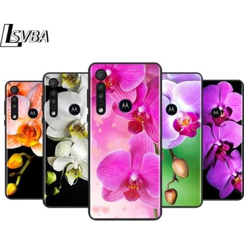 Orchid Flowers for Motorola G9 G8 G E7 E6 One Play Marco Hyper Fusion Stylus Power Edge Plus Black Phone Case